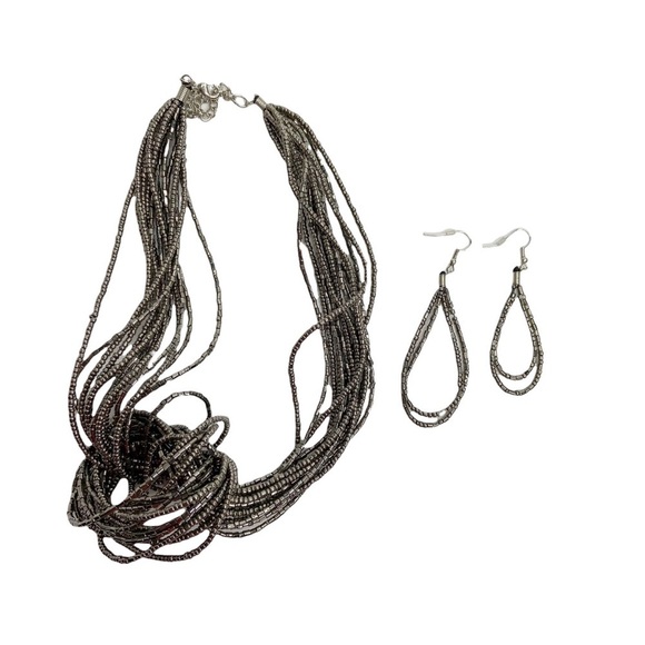 Gunmetal Gray Seed Beaded Multi Stranded Knotted Necklace & Earrings Set - Picture 1 of 6